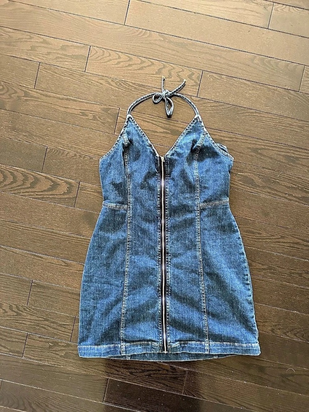 Dynamite Denim Plunge Halter Dress Blue